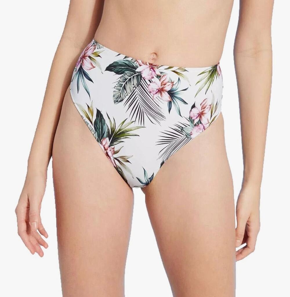 ❣️5/$25 Shade & Shore High Leg High Rise Cheeky Bikini Bottoms Medium White Leaf